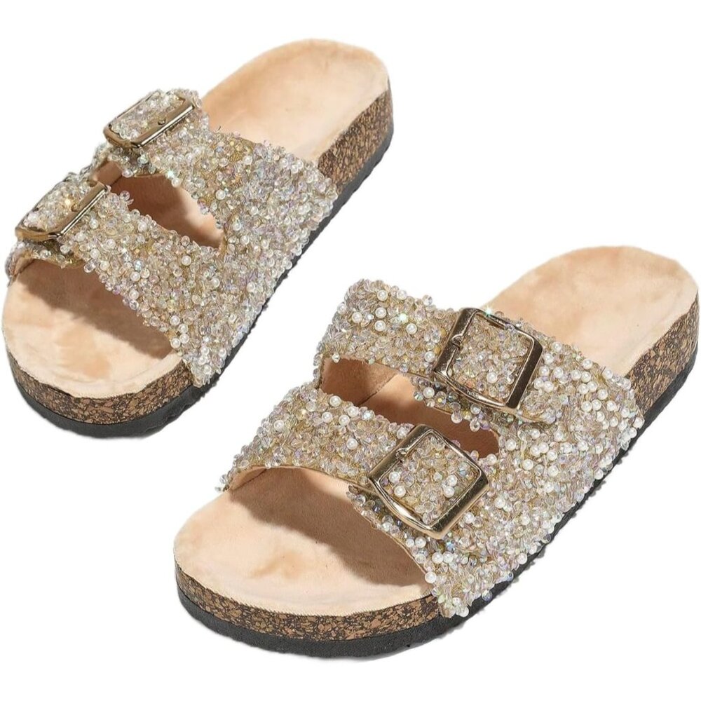 ⚡Women's Apricot Flat Bottomed Diamond Sequin Metal‎ Button Plus Size Slippers